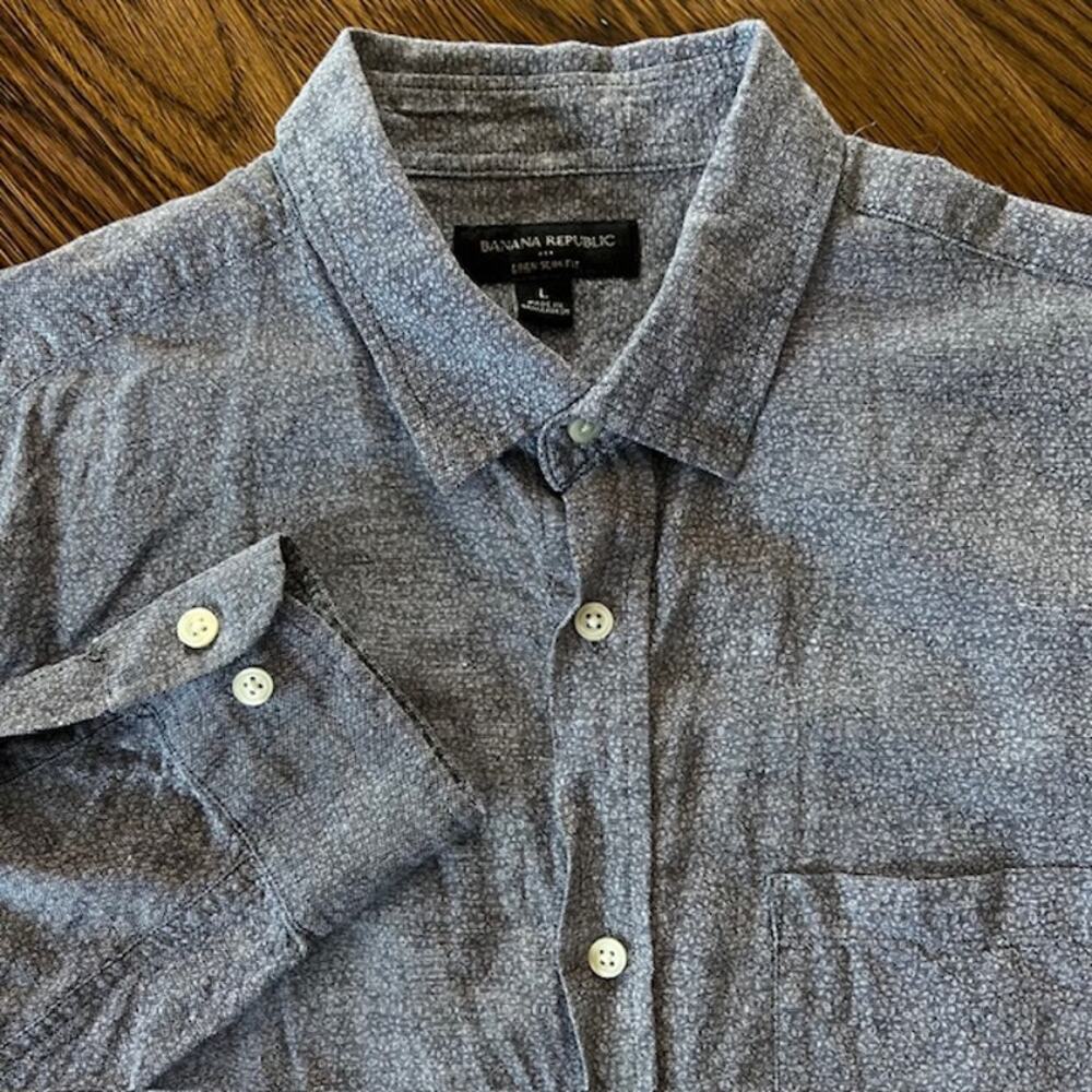 Banana Republic Linen Slim Fit Button Up Shirt Mens L Blue Cotton Casual Summer
